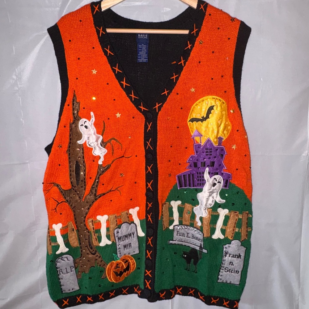 Basic Editions Halloween Sweater Vest Womens 1X Graveyard Haunted House Sequin